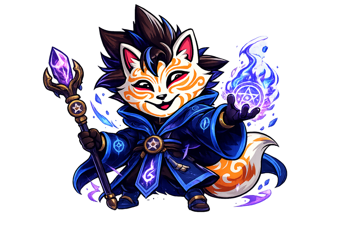 Kid Mage — L'Esprit du Cristal, Kidstune mage kitsune avec bâton de cristal violet et flamme bleue — Animkids Store