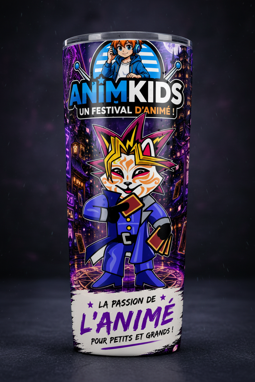 Gobelet isotherme avec design Kid Dueliste style Yugi néons violets château lune design complet
