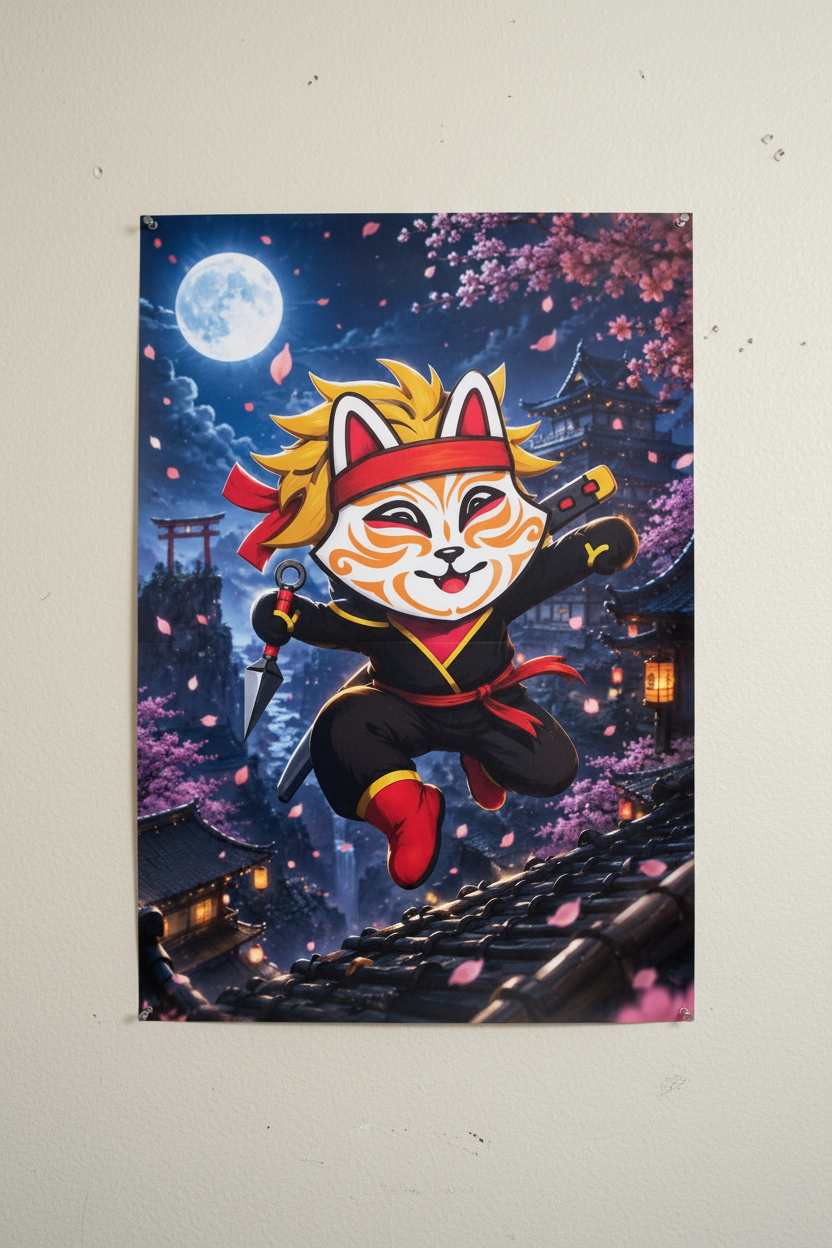 Poster Kid Ninja pleine lune toits Kyoto kunai shuriken nuit