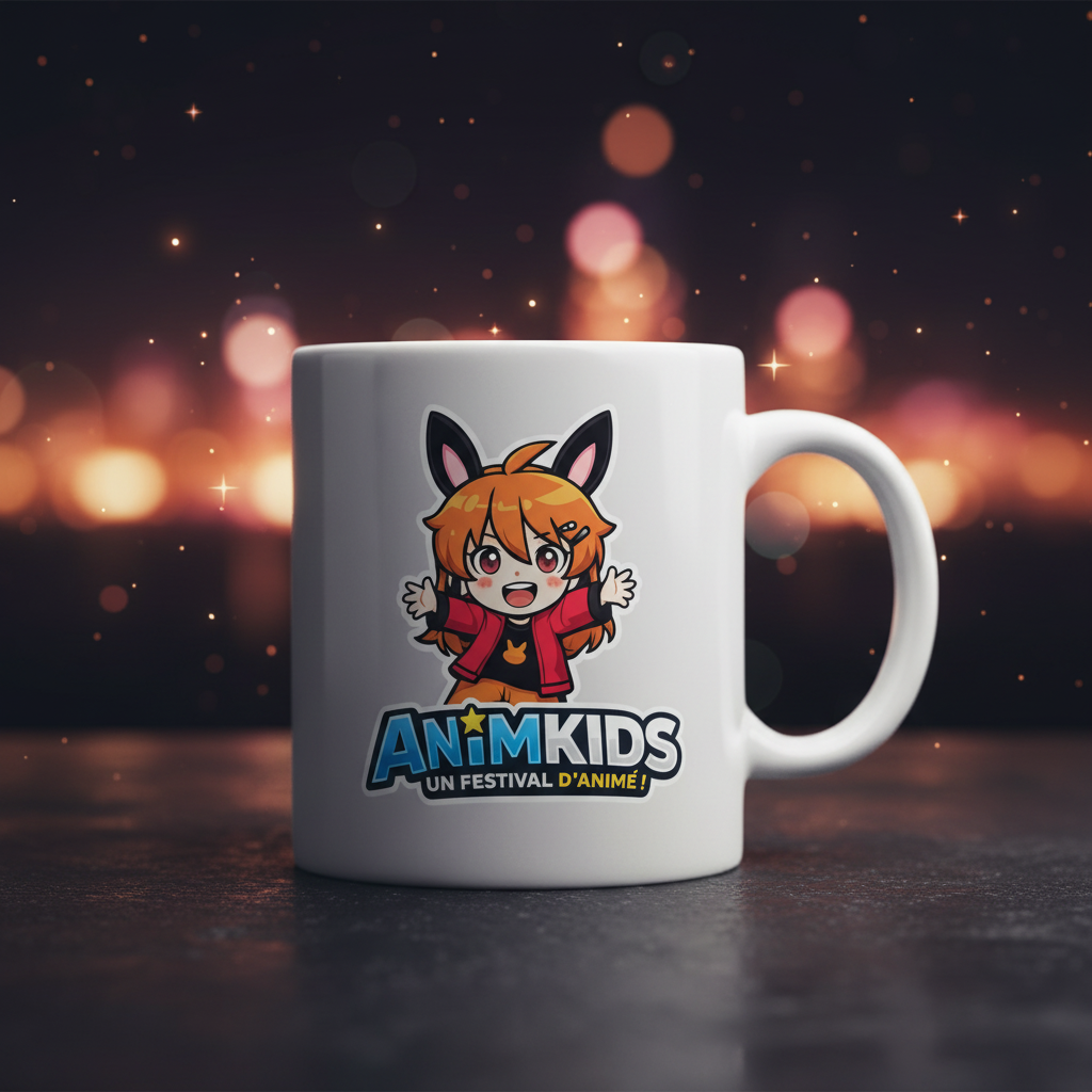 Mug blanc avec logo Amelia chibi oreilles de renard veste rouge