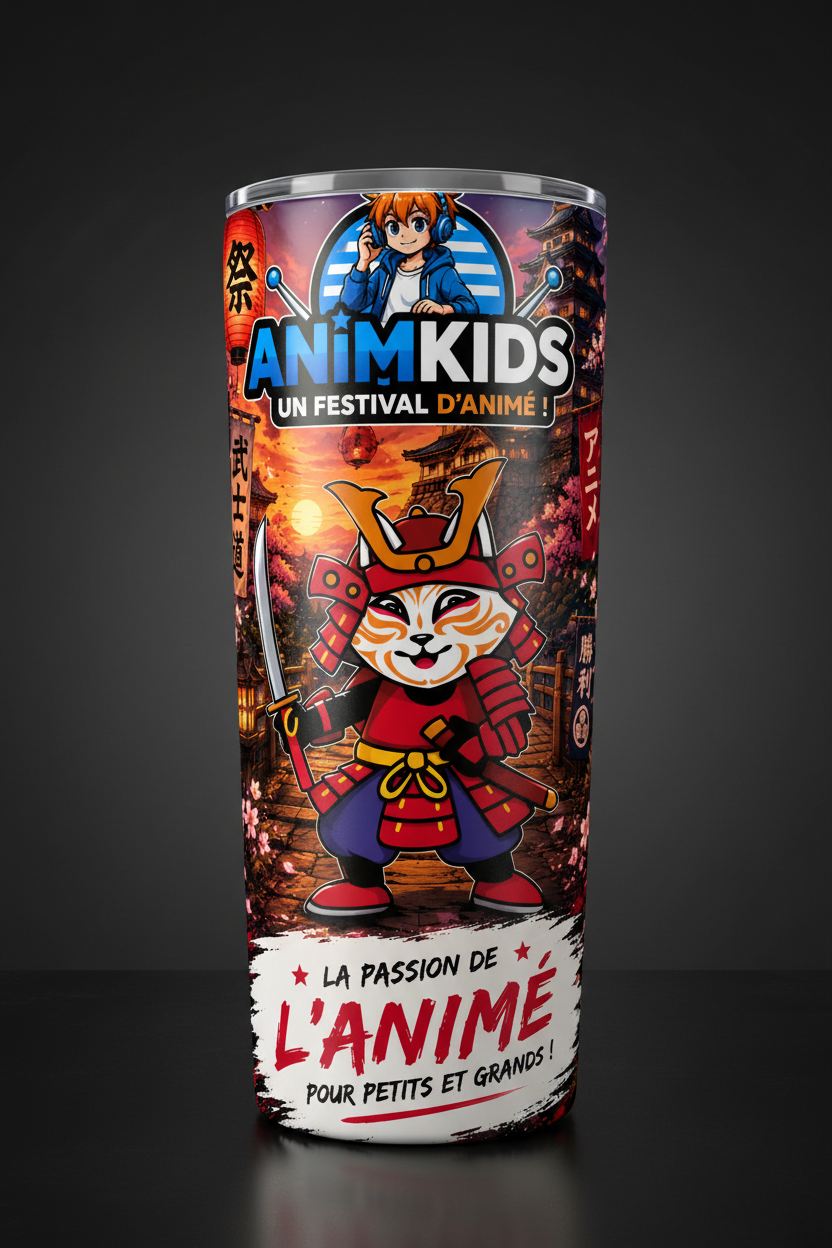 Gobelet isotherme avec design Kid Samouraï complet armure rouge coucher de soleil