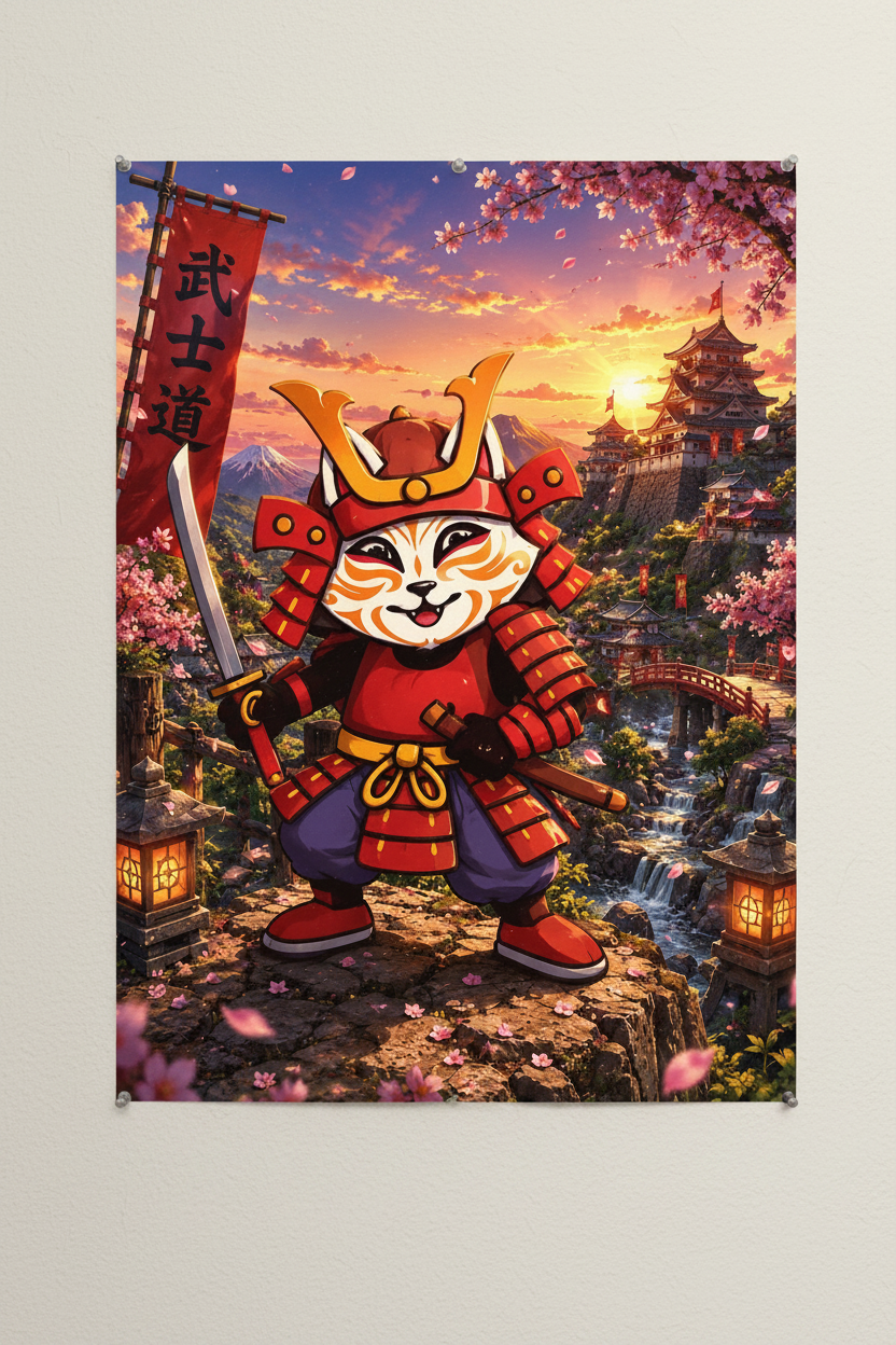 Poster Kid Samouraï armure rouge château cerisiers coucher de soleil