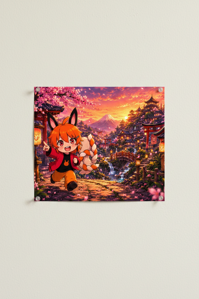 Poster Perse renarde village japonais cerisiers lanternes coucher de soleil épinglé sur un mur