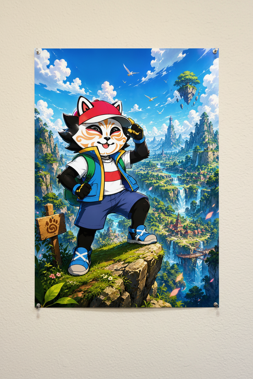 Poster Kid Sacha dresseur falaise îles flottantes cascades paysage fantastique
