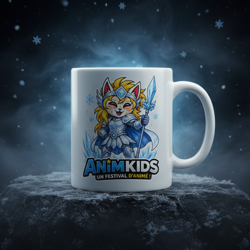 Mug blanc avec logo Kid Yoga guerrière de glace armure bleue