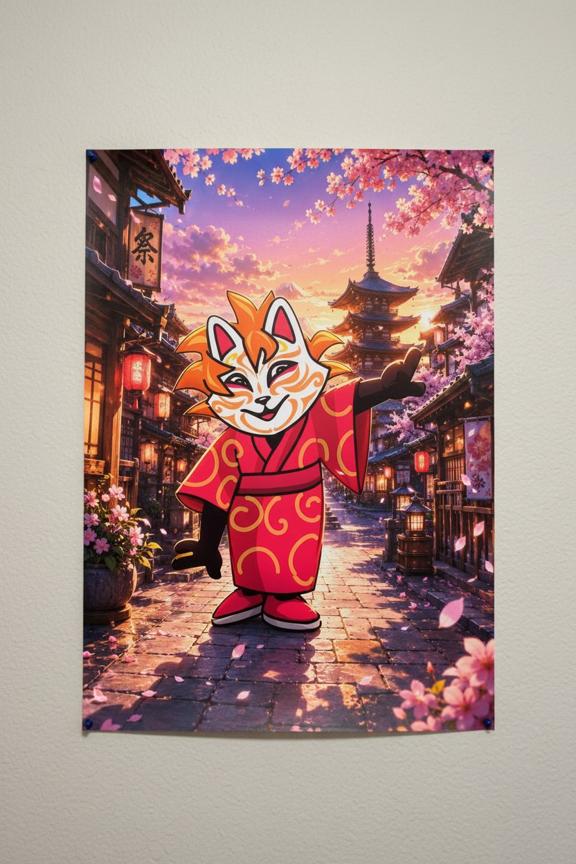 Poster Kid Kimono affiché sur un mur rue Kyoto cerisiers pagode