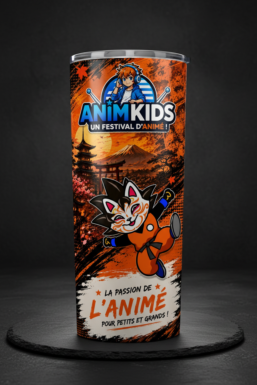 Gobelet isotherme avec design Kid Tora style Dragon Ball Fuji automne orange