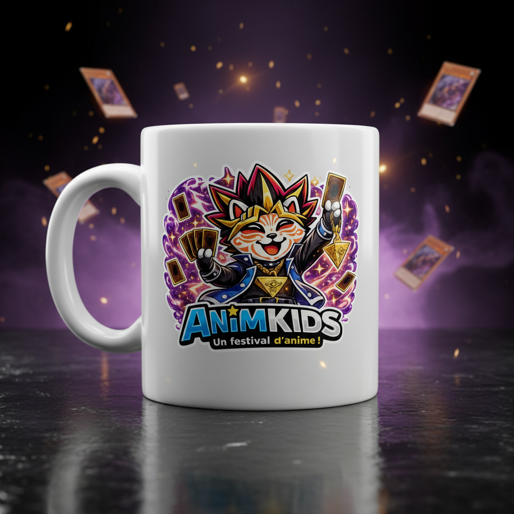 Mug blanc avec logo Kid Dueliste style Yugi énergie violette cartes
