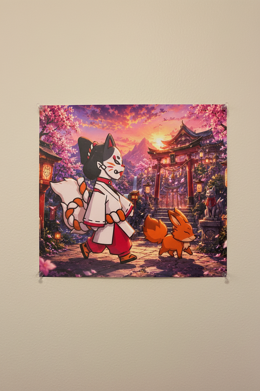 Poster Perse miko sanctuaire renard orange torii cerisiers épinglé sur un mur