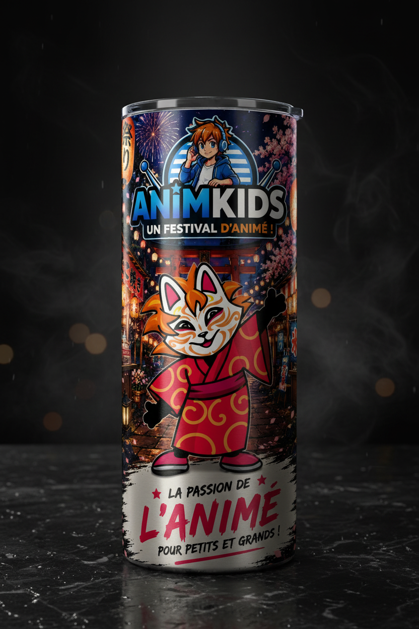 Gobelet isotherme avec design Kid Kimono renard kimono rouge festival japonais lanternes feux d'artifice design complet