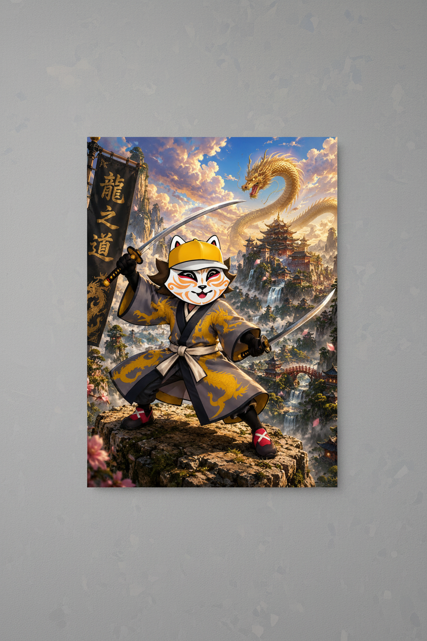 Poster Kid Dragon dragon doré temple nuages katana