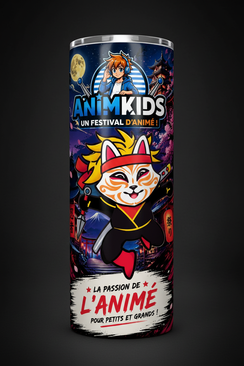 Gobelet isotherme avec design Kid Ninja pleine lune village japonais shuriken