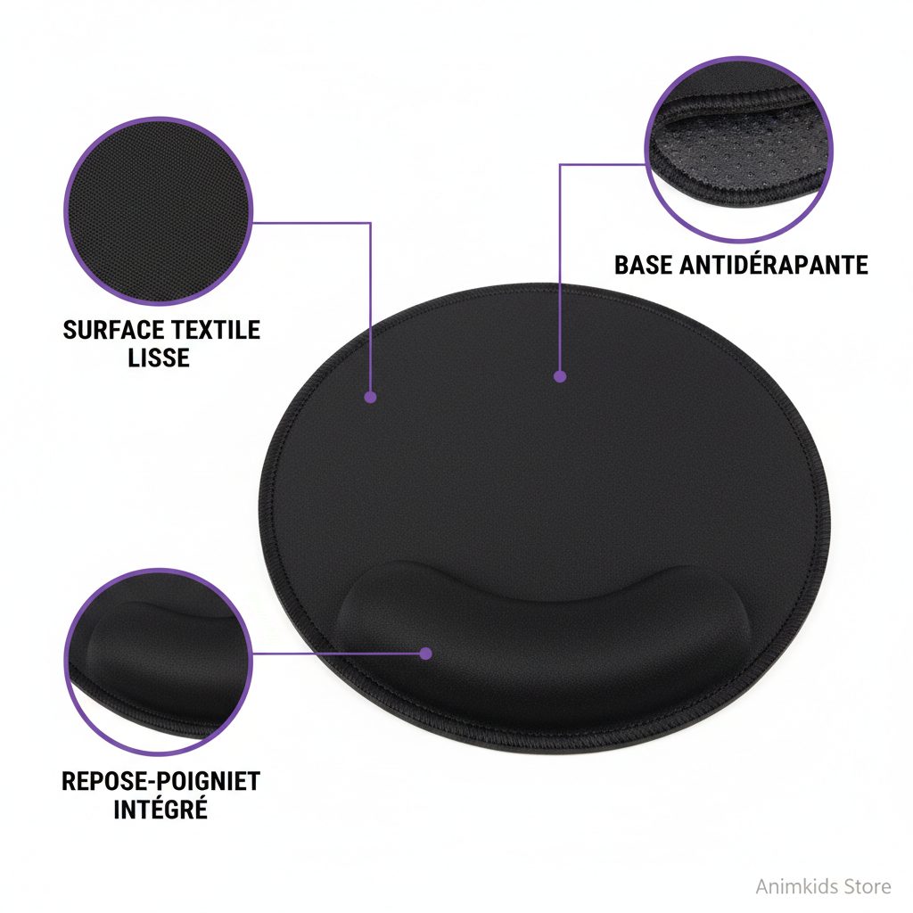 Infographie tapis rond repose-poignet
